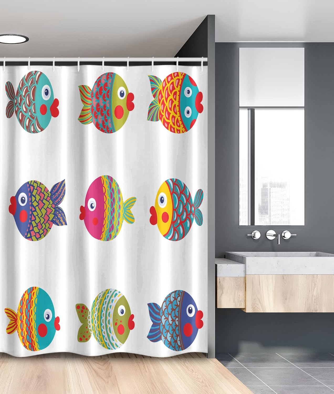 Ambesonne Ethnic Stall Shower Curtain, Boho Featured Ornate Fishes Gills Under The Sea Theme, Fabric Bathroom Decor Set with Hooks, 54" W x 78" L, White Multicolor