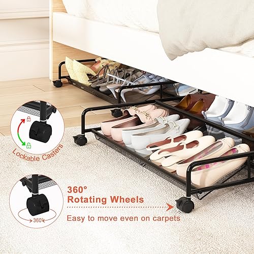 Miniatura 6 de Organizador de almacenamiento de zapatos debajo de la cama, contenedores de almacenamiento de malla metálica debajo de la cama con ruedas,
