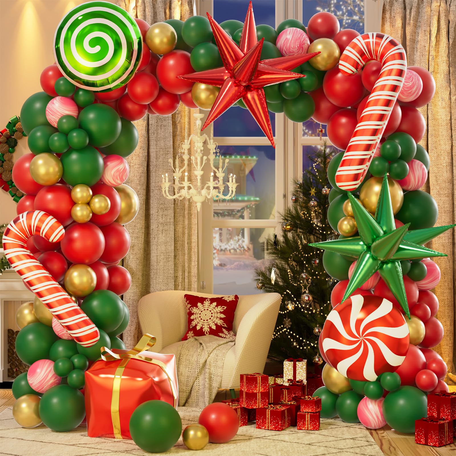 Photo 1 of CboDeco Christmas Balloon Garland Arch Kit Christmas Balloon with Red Green Gold Balloon Gift Box Balloons Windmill Candy Balloon for Christmas Party Decorations