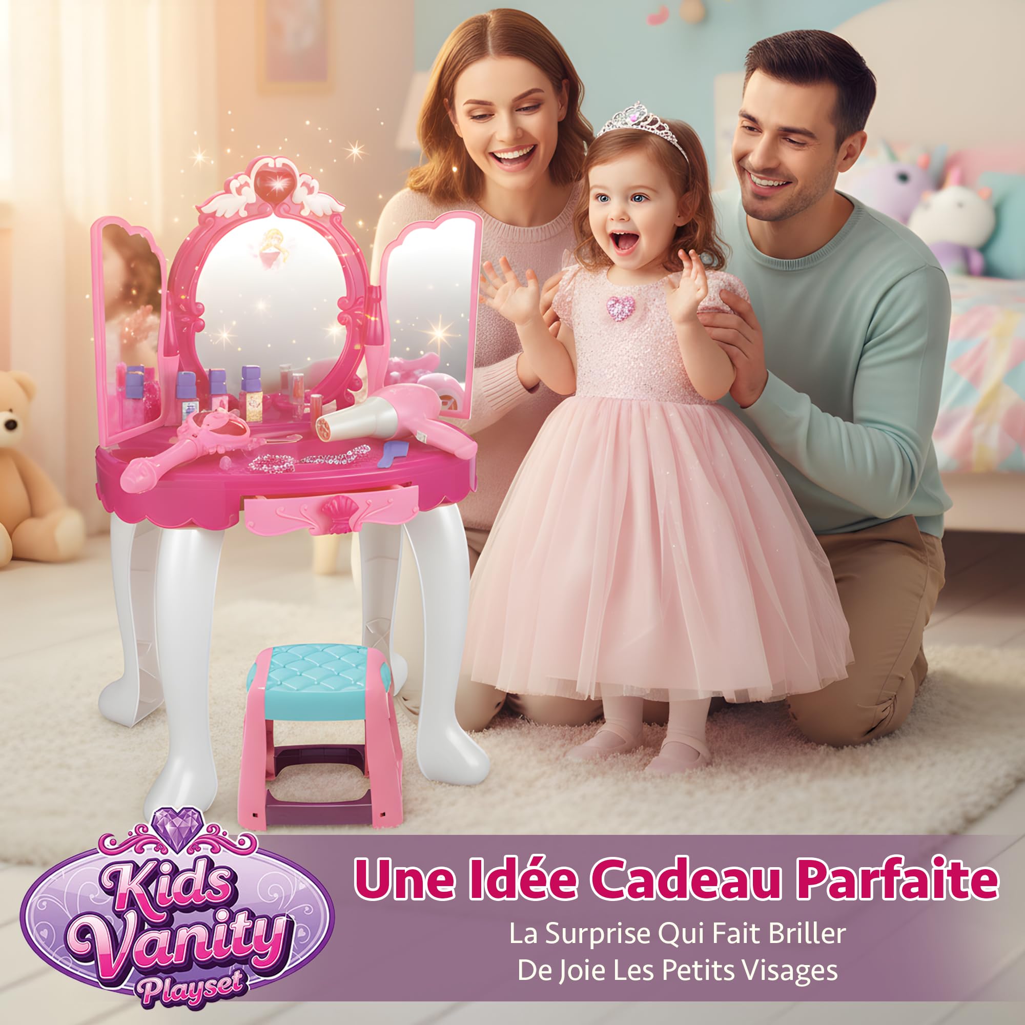 Kinderplay Coiffeuse Enfant, Table de Maquillage - Fonction de Lumièreavec Tabouret, lumière et Son, Dimensions Coiffeuse Enfant Fille 50 x 32 x 72 cm, KP8846