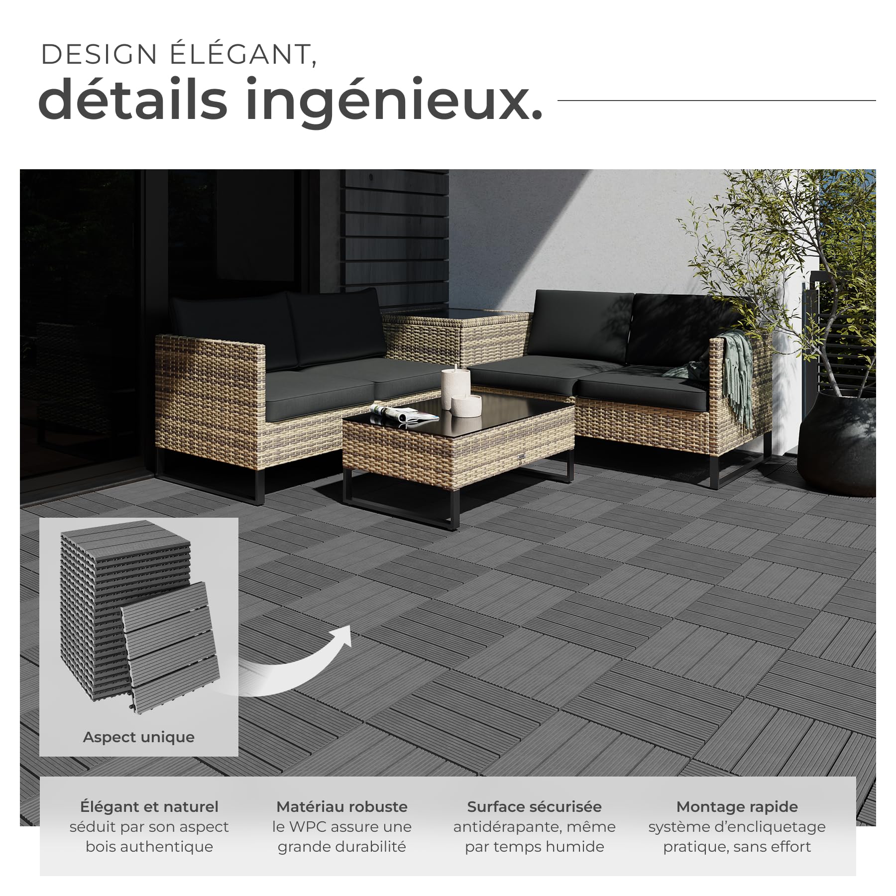 tectake® 22 Dalles clipsables exterieur 31 x 31 cm, Caillebotis exterieur aspect Bois Dalle WPC, Surface couverte 2.1142 m², Résistant intempéries, Revêtement sol extérieur Terrasse, Balcon, Veranda