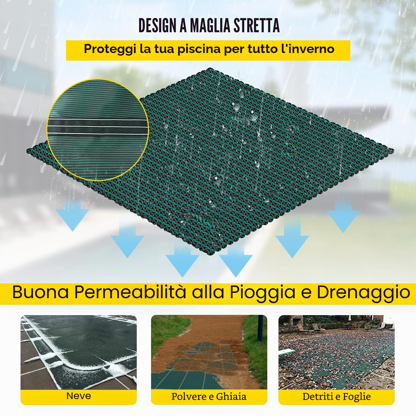 VEVOR Copertura di sicurezza per piscine interrate 4,3 x 7,9 m copertura di sicurezza in rete verde di dimensioni 4,9 x 8,5 m con strumenti di installazione per piscina invernale