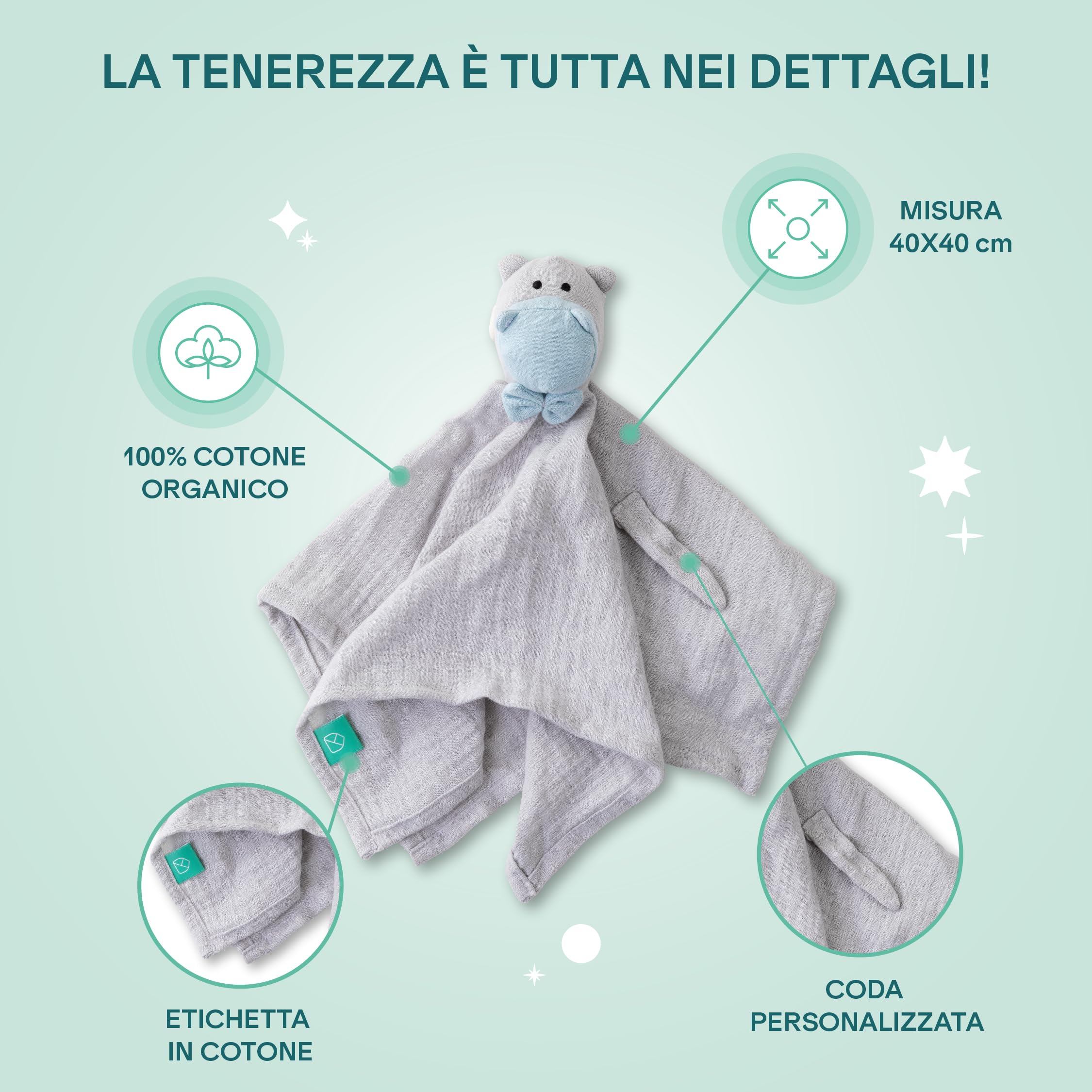 KOALA BABYCARE Doudou Bambino o Ragazza in Chiffon Bio 40x40 cm - Peluche morbida e sicura - Doudou piatto Volpe, Koala, Giraffa o Ippopotamo - per Neonati e 0+ mesi