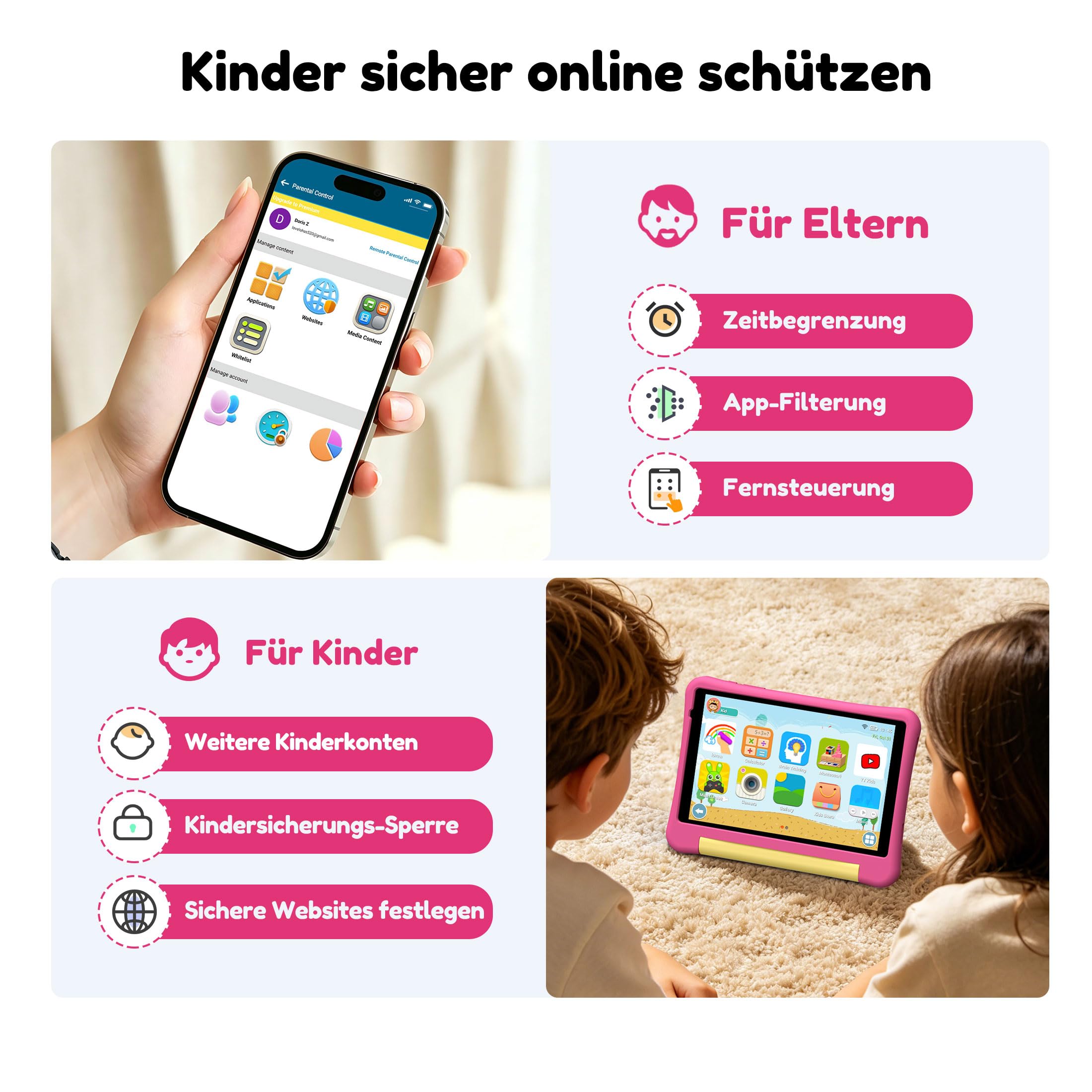 ALLDOCUBE KIDO Kinder Tablet 8 Zoll Android 15 Go, 32GB ROM + 512GB TF-Karte, Kindersicherung, iWawa, 5G WLAN, Unisoc T310, 5000mAh, 2 Lautsprecher, 3,5mm Buchse, Kinder Tablet mit Schutzhülle – Rosa