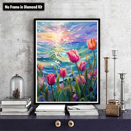 Miniatura 2 de Zariocy Kits de pintura de diamantes 5D, tulipanes, pintura de bricolaje con arte de diamantes, flores de mar, taladro completo, redondo, pintura de