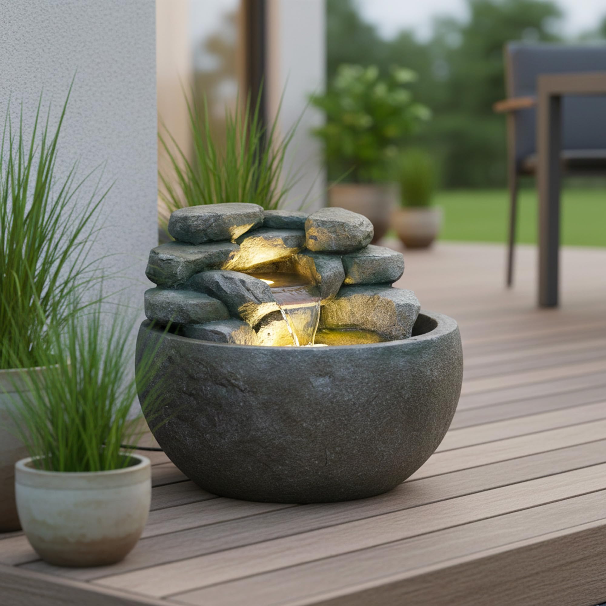 Gartenbrunnen BK911 Ø50 cm – Runder Springbrunnen in Steinoptik mit Wasserfall, warmweiße LED Beleuchtung Deko Teich