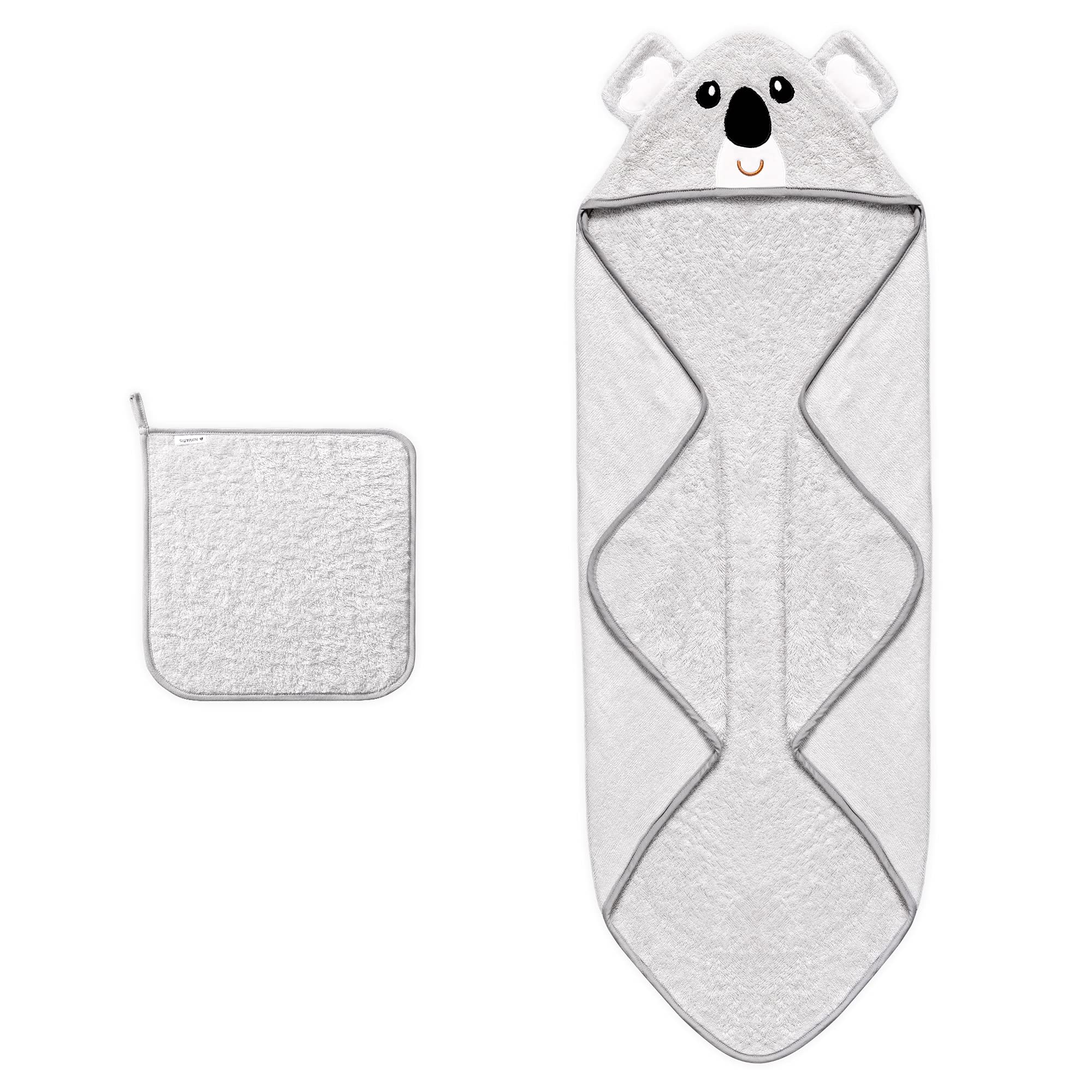 Navaris Set Asciugamano e Mussola Neonato - Accappatoio 70x70cm e Panno per Bambini 0-12 Mesi - Asciugamano con Cappuccio in Bambù OEKO-TEX - Koala
