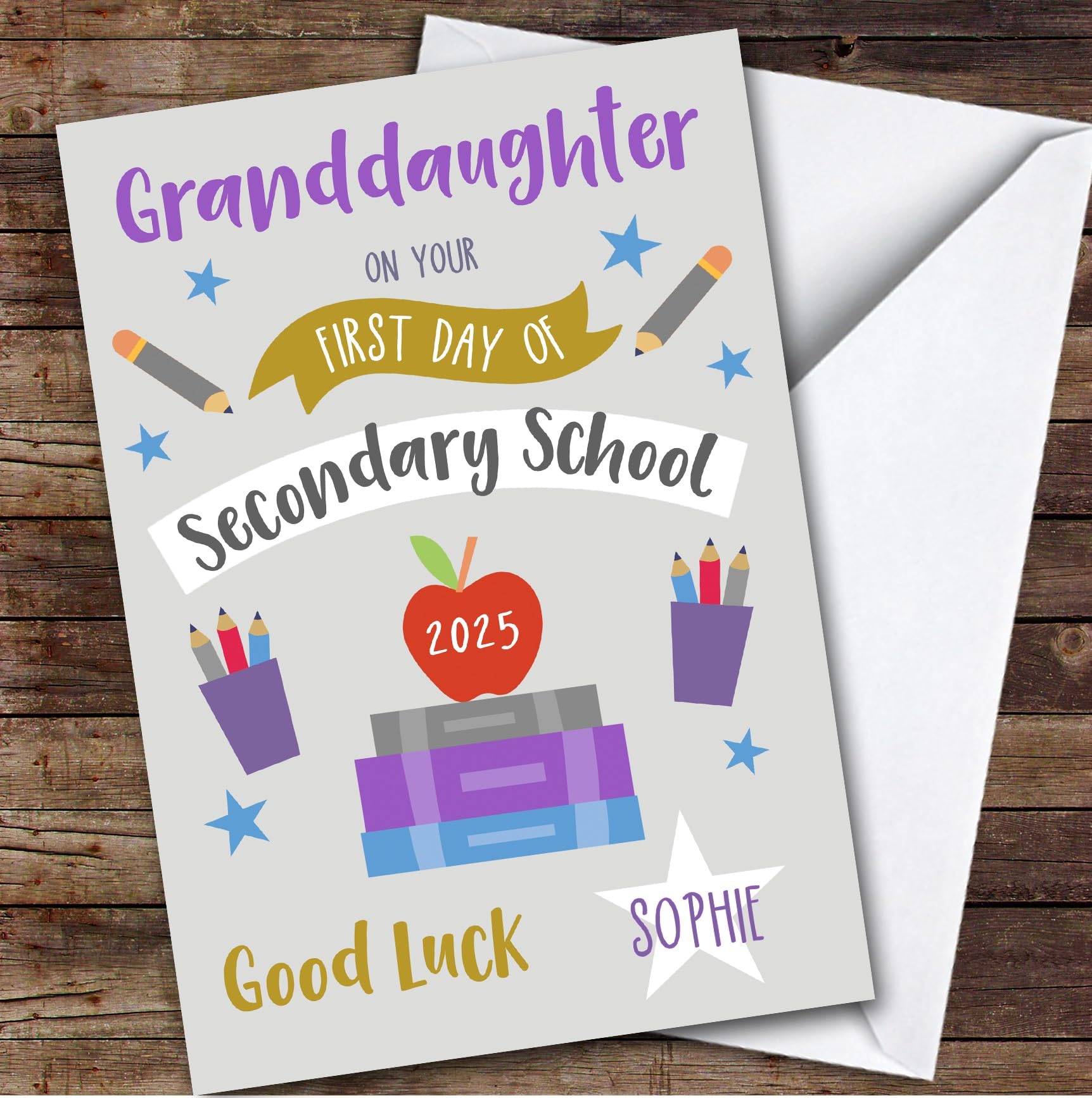 Personalised First Day Of School Card For Granddaughter Secondary Grey | Custom Greetings Card For First Day Of School Any Text Inside & Out