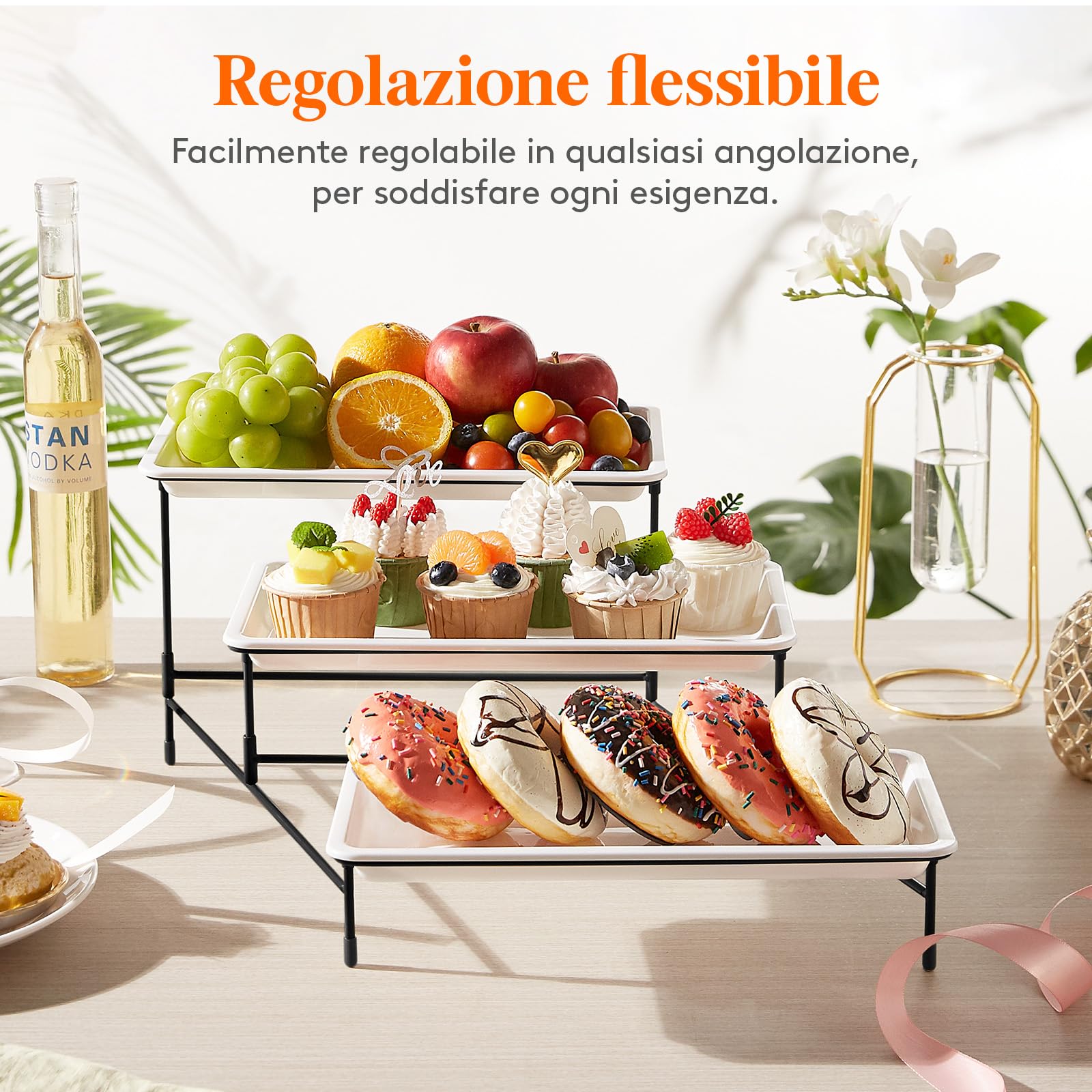 Lifewit Vassoio da Portata 3 Piatti, Vassoio Plastica Rettangolo 30×17cm, Alzate per Buffet Dolci, Portafrutta da Tavolo, Cucina Decorativo, Vassoi e Piatti con Rastrelliera in Metallo Nero