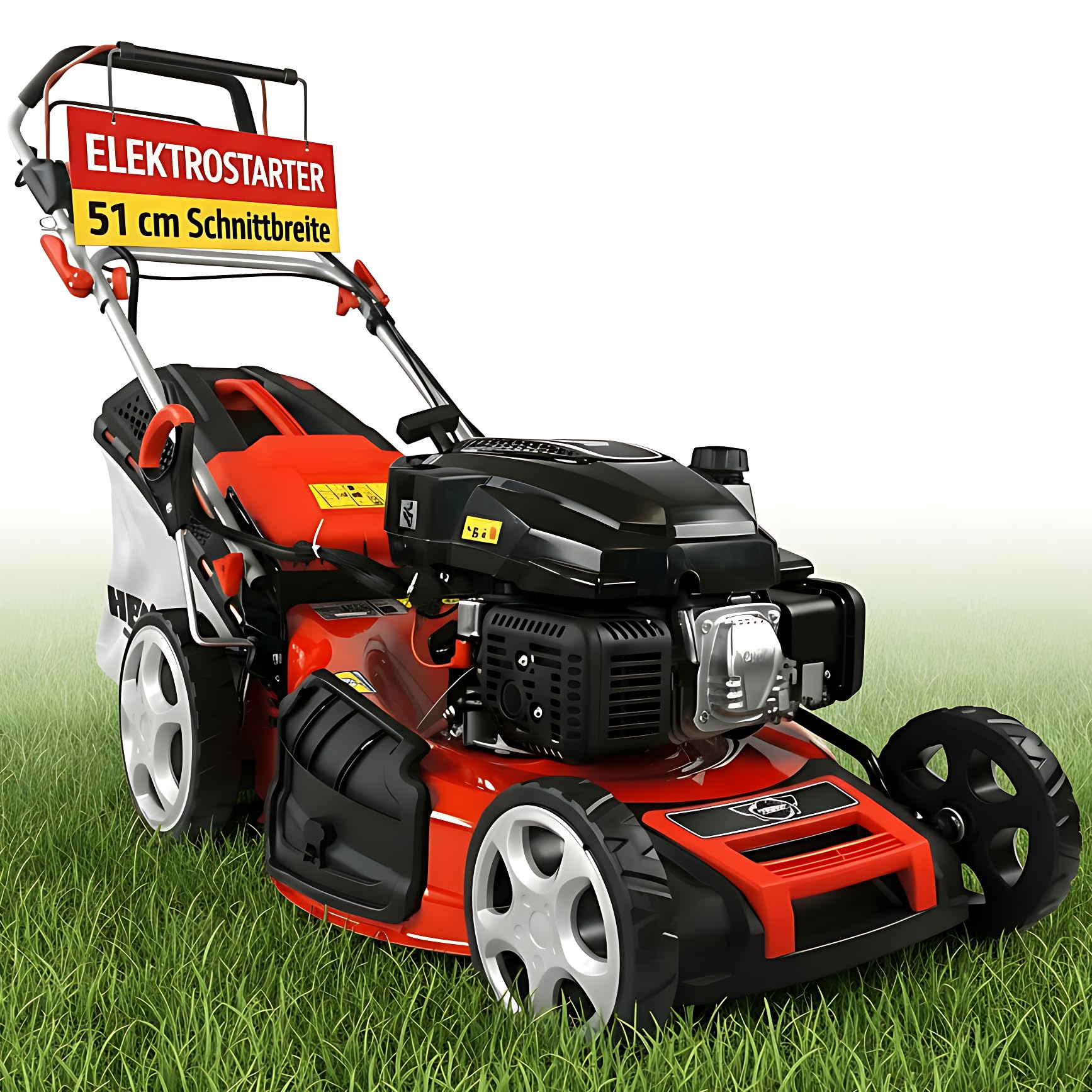 HECHT 5-in-1 Benzin Rasenmäher 5,5 PS Elektrostart 51 cm | 4-Takt-Motor 4,0 kW, 65 L Fangkorb, Radantrieb, patentierte Räder, Mulchmäher und Rasenmäher