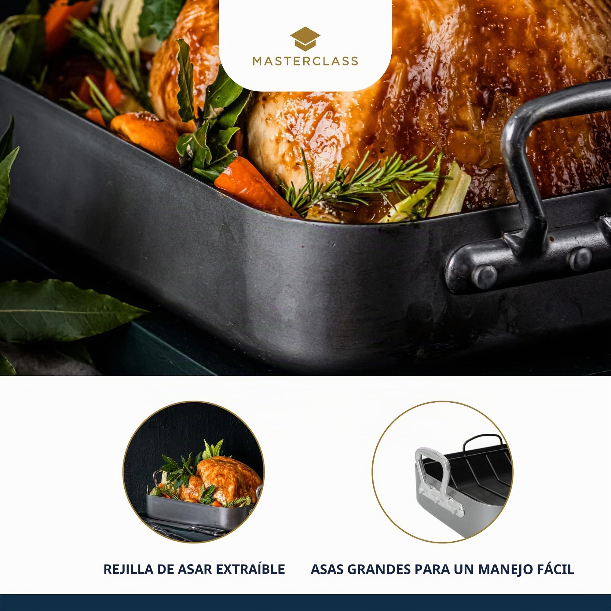 MasterClass Molde para Asar Profundo con Rejilla y Revestimiento Antiadherente Teflon Xtra en Caja de Regalo, Asador de Acero al Carbono con Asas, 40 x 28 x 8cm (15,5 x 11 x 3''), Gris