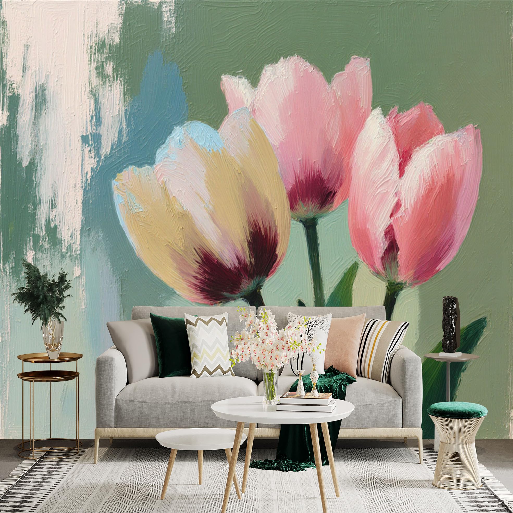 Custom Size Wall Sticker Mural， Pink Tulips Oil Painting， Botanical Floral Artwork， Soft Pastel Colors， Modern Art Style， for wall Decoration， peelandstick wall Decals.