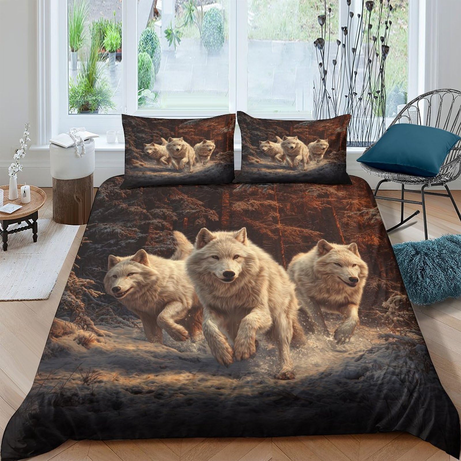 XFKLYNVCJ 3D Printed Arctic Wolves Bed Cover Premium Polyester Wildlife Forest Duvet Cover Wrinkle Resistant Fade Resistant Soft Comfortable Machine Washable for Bedroom Use Double（200x200cm）