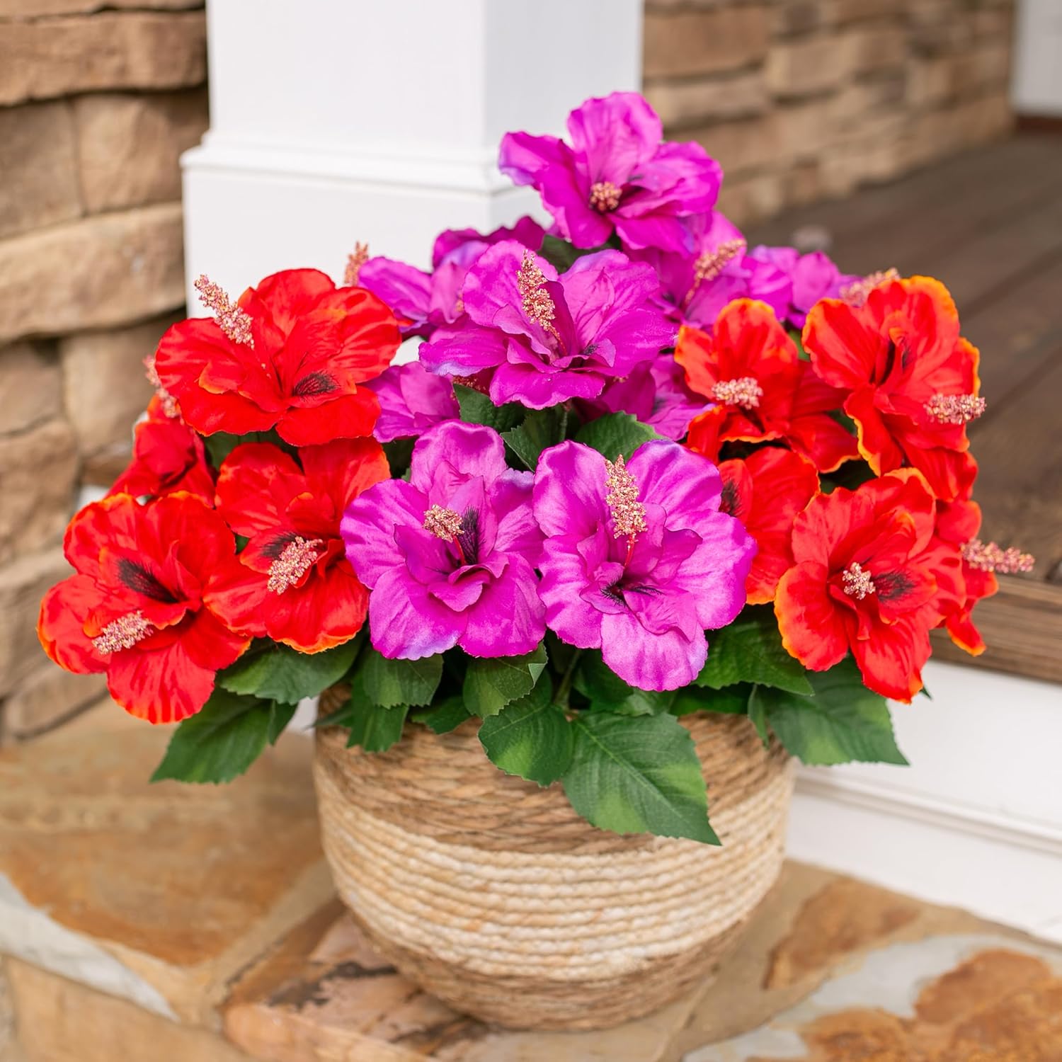 HyeFlora Artificial Flowers for Outdoors Faux Hibiscus Summer Outdoor Decor, 4 Bundles Fake Tropical Plants UV Resistant Realistic Silk Flowers for Outside Planters Porch Patio Garden Yard Window