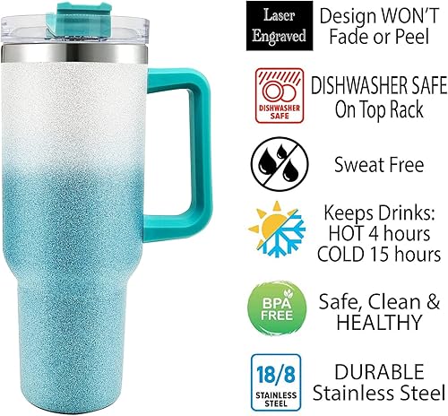 Miniatura 4 de Vaso personalizado de 40 onzas con asa y tapa, vaso de nombre y texto grabado personalizado, doble pared al vacío de acero inoxidable 188, regalos