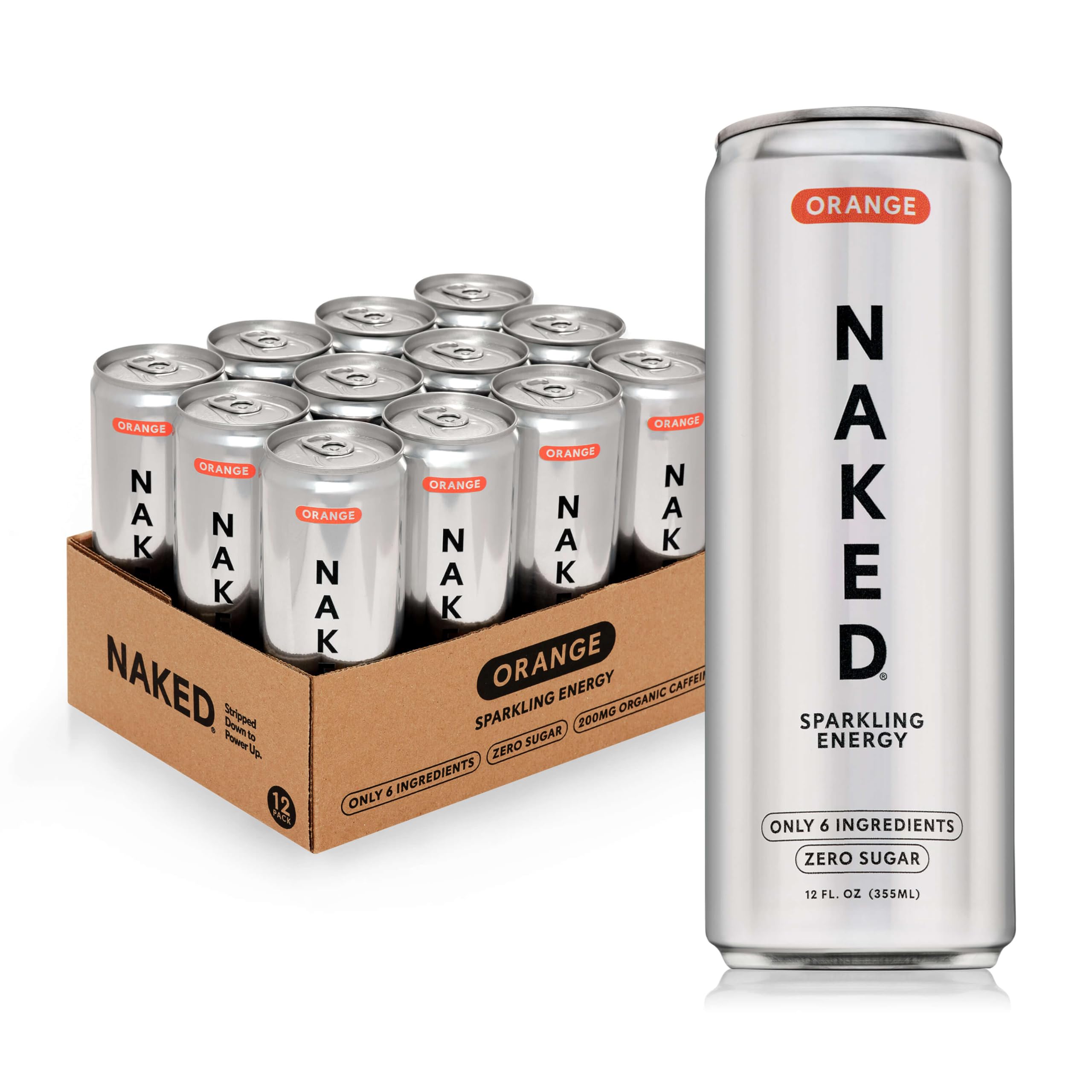 Naked Sparkling Energy Drink - Orange, Organic Caffeine, Organic Lemon Juice, Zero Sugar, No Sucralose, Naturally Sweetened, Clean Energy Drinks,