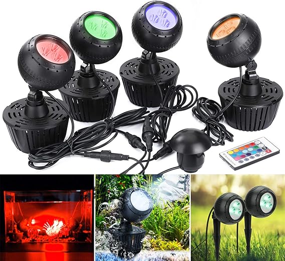 Image GreenSun Upgrade Pond Light with Remote Controller,10W RGB Color Changing LED Underwater Spot Lights for Garden/Aquarium/Fish Tank/Pathway(Set of 4 Lights)