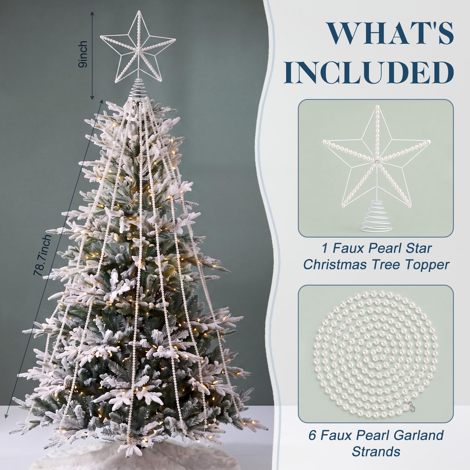 Arrowbash 7 piezas de decoración de estrella de 25 cm, estrella blanca para árbol de Navidad con 6 hebras de 200 cm, adorno de cadena de perlas sintéticas para árbol de Navidad de 5 a 8 pies