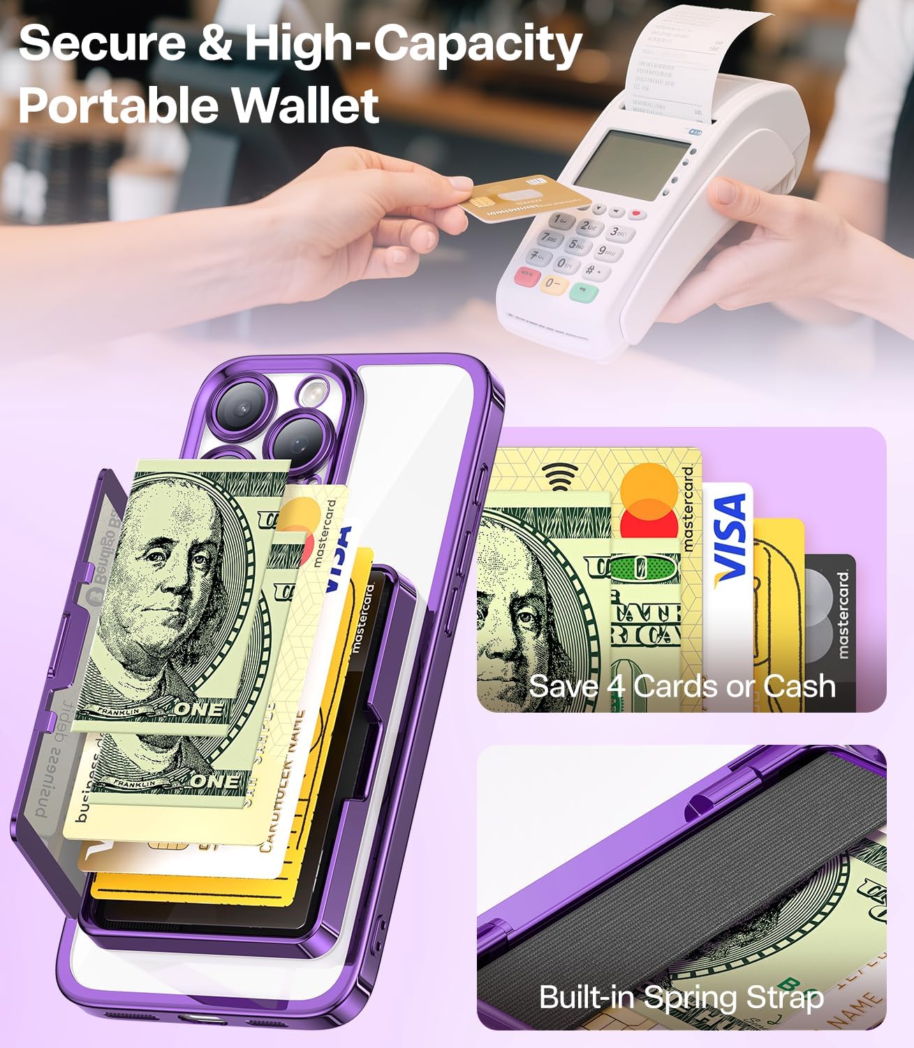 Meifigno for iPhone 16 Pro Max Case Wallet (3-4 Cards & Cash), Built-in Mirror & Kickstand, Surround Raised Lens Protection, Metal Plating Glossy for 16 Pro Max Case with Card Holder Women, Purple