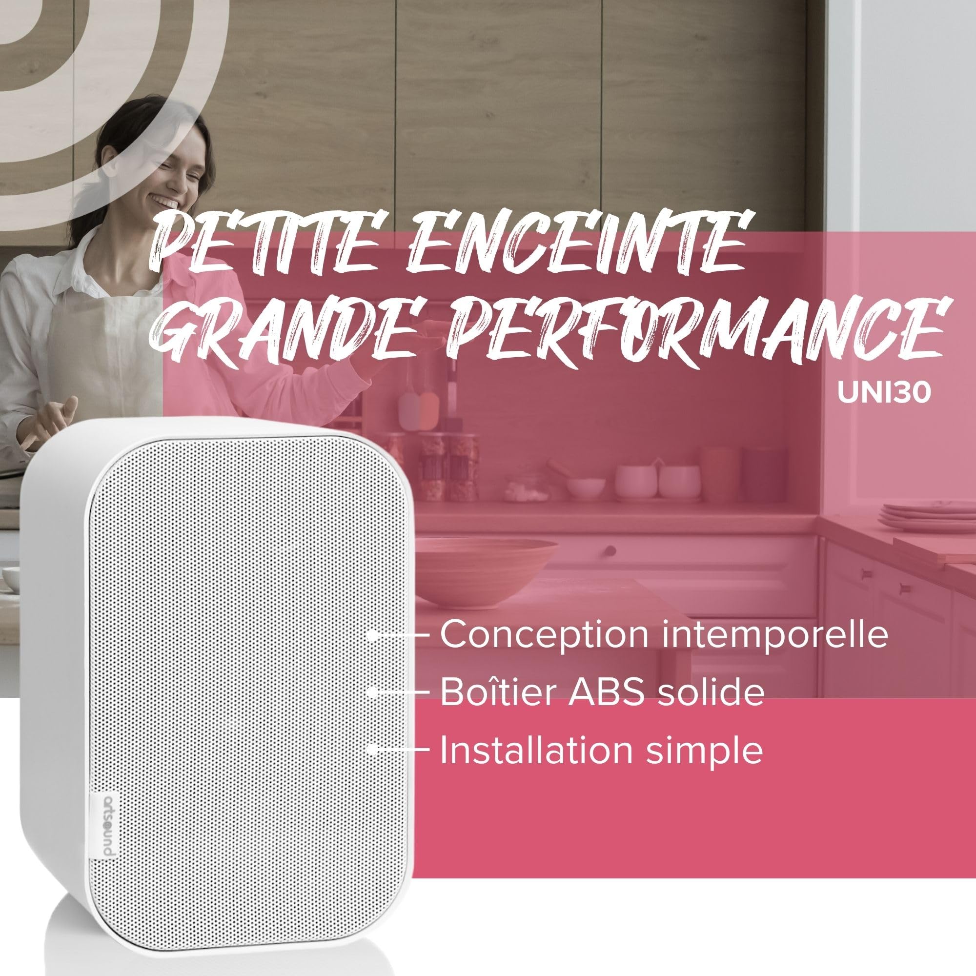 Artsound UNI30, Ensemble de 2 Enceintes passives, Enceinte HiFi 2 Voies, 20-60 Watts, Support Mural avec Articulation à rotule, Convient pour des espaces jusqu'à 40 m² tels Que Cuisine, café,