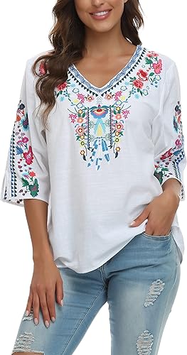 Miniatura 3 de YZXDORWJ Camisas mexicanas bordadas de verano para mujer, blusa casual de manga corta