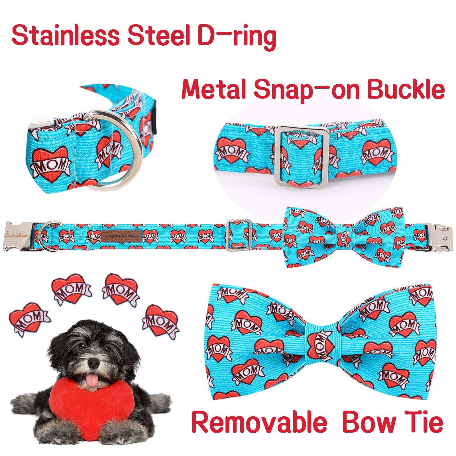 Unique style paws Dog Collar with Bow Tie Blue Heart Puppy Collar Comfy Soft Bowtie Dog Collar Best Gift for Small Medium Large Dogs-XS - Image 2