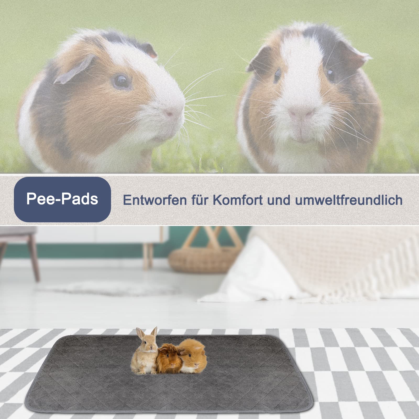 2 Stück PIPI Pad für Meerschweinchenkäfig, Sehr saugfähige Wiederverwendbare und waschbare Fleece Trainingspads für Haustiere mit wasserdichter Unterseite für Kleintiere L Grau