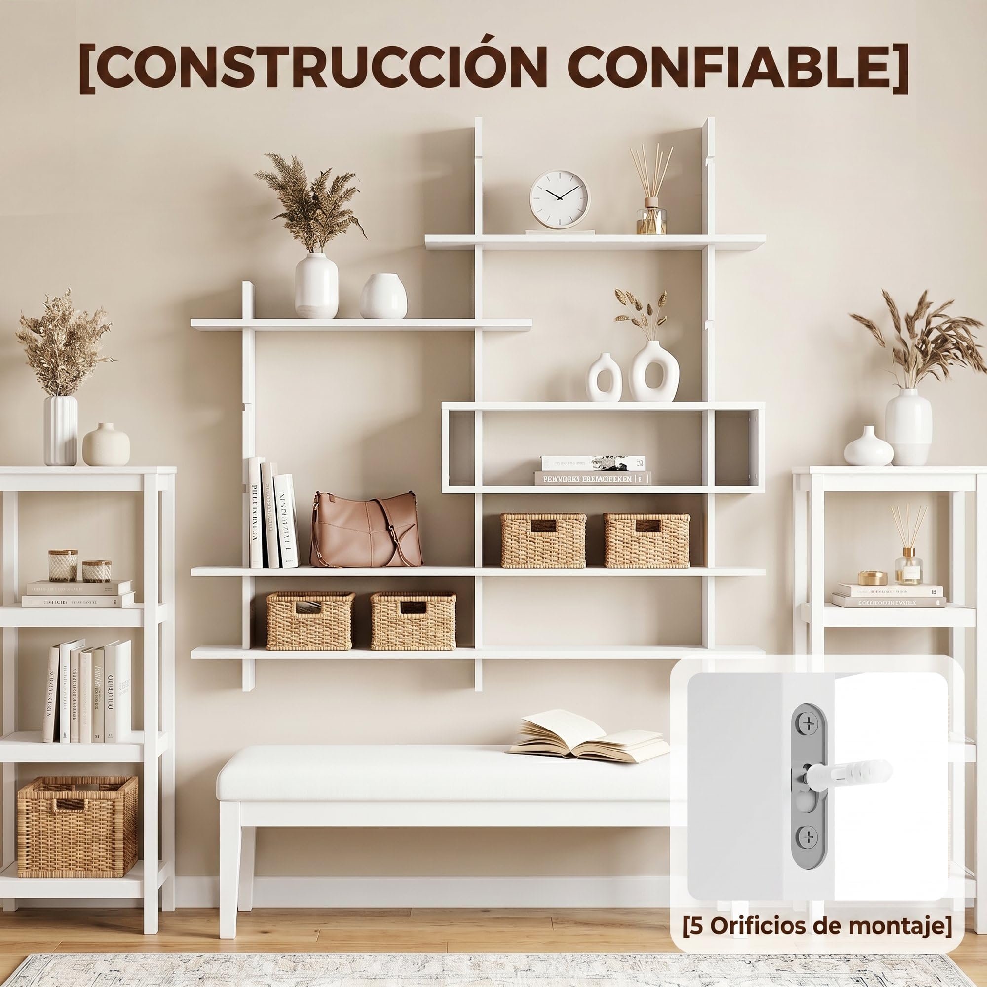 HOMCOM Estantería de Pared, Librería Geométrica con 4 Estantes, Blanco | Compartimento Central Rectangular, Estantes Decorativos, para Salón o Dormitorio