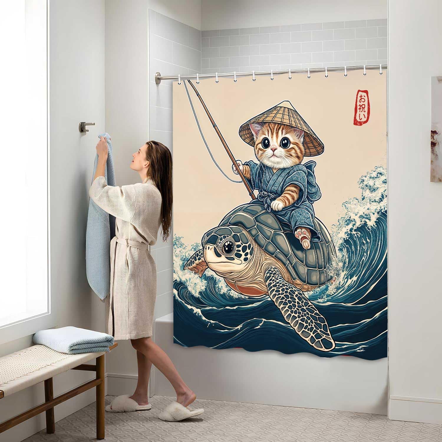 Funny Cat Shower Curtain Vintage Cat Riding Turtle Retro Charm Japanese AnimeBlue Ocean Animal Fabric Waterproof Shower Curtain Cute Hilarious Cat Go Fishing Kids Bath Curtain with 12PCS Hooks 71X84in