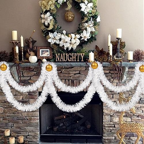 Miniatura 6 de Guirnalda de oropel de Navidad de 33 pies, guirnalda colgante metálica trenzada blanca para árbol de Navidad, chimenea, decoración del hogar