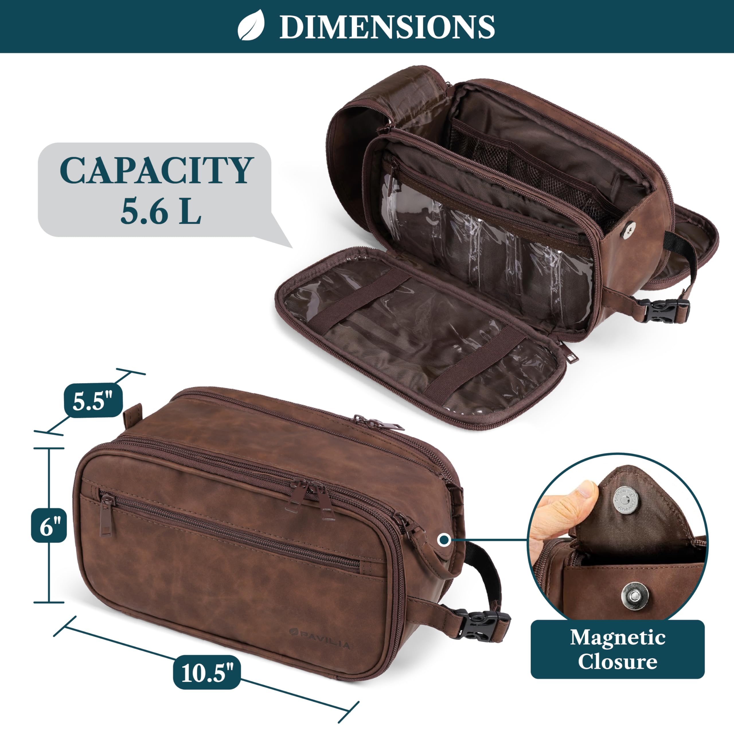 PAVILIA Borsa da bagno da uomo in pelle sintetica resistente all'acqua per rasatura, toelettatura, borsa da viaggio per trucco grande, Marrone scuro, Large (10.5x5.5x6), Astuccio da toilette