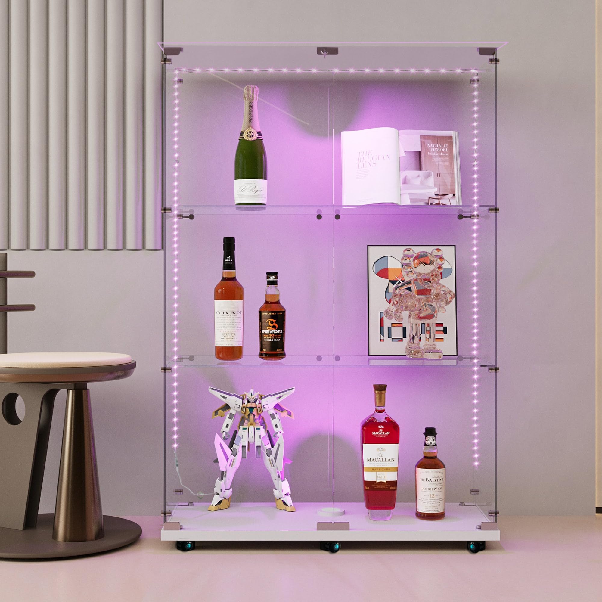 Modern Glass Display Cabinet 3-Shelf with LED Light,Wheels and Lock, 2 Door Curio Cabinets,Tempered Glass Collection Display Showcase for Living Room Home Office,30.9x13.5x49.8 H,White