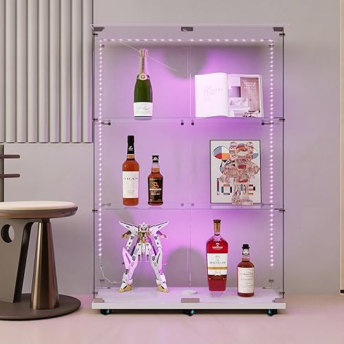 Miniatura 147 de Vitrina de cristal con 4 estantes con tira de luces LED y cerradura, vitrina de vitrina con ruedas y 1 puerta, vitrina de vidrio templado para sala