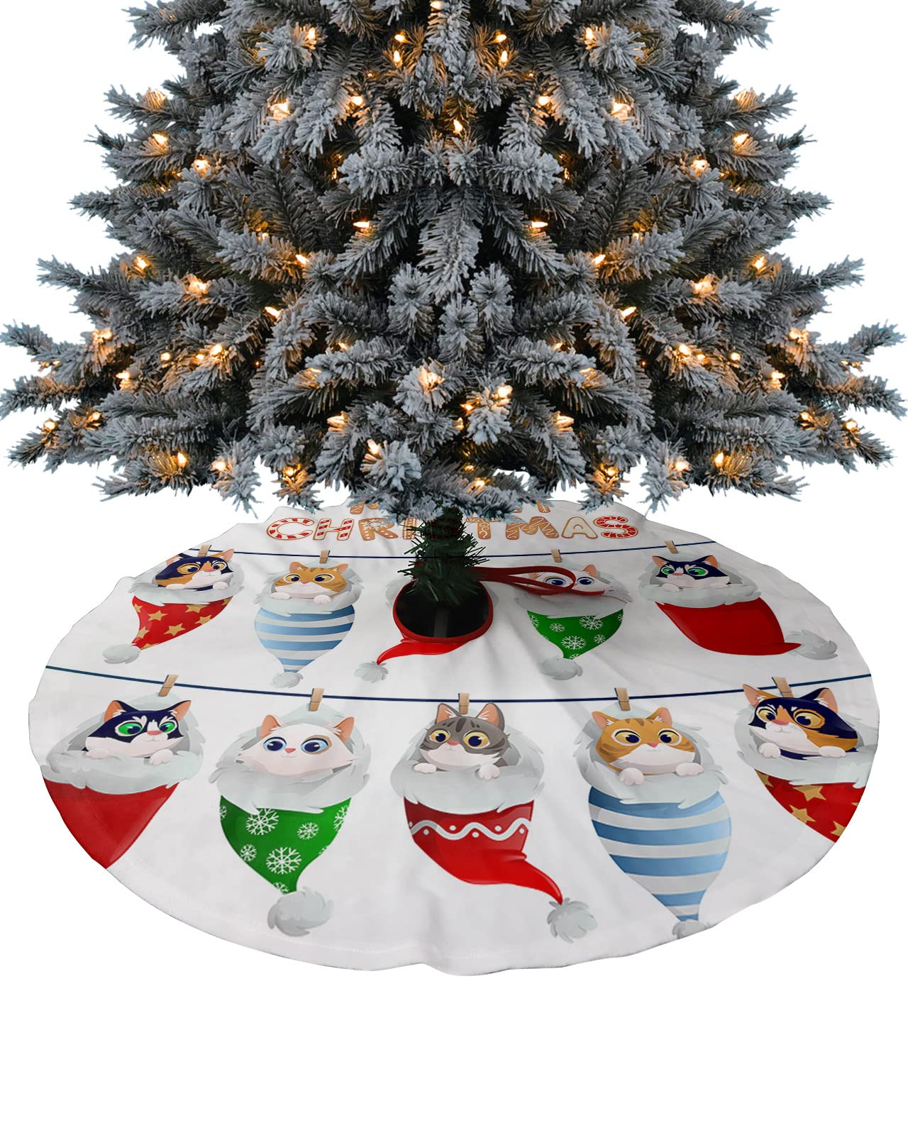 48 Inch Christmas Tree Skirt, Christmas Cat Tree Skirt Christmas Decorations Indoor Outdoor, Cartoon Cute Animals Merry Christmas Xmas Tree Skirts