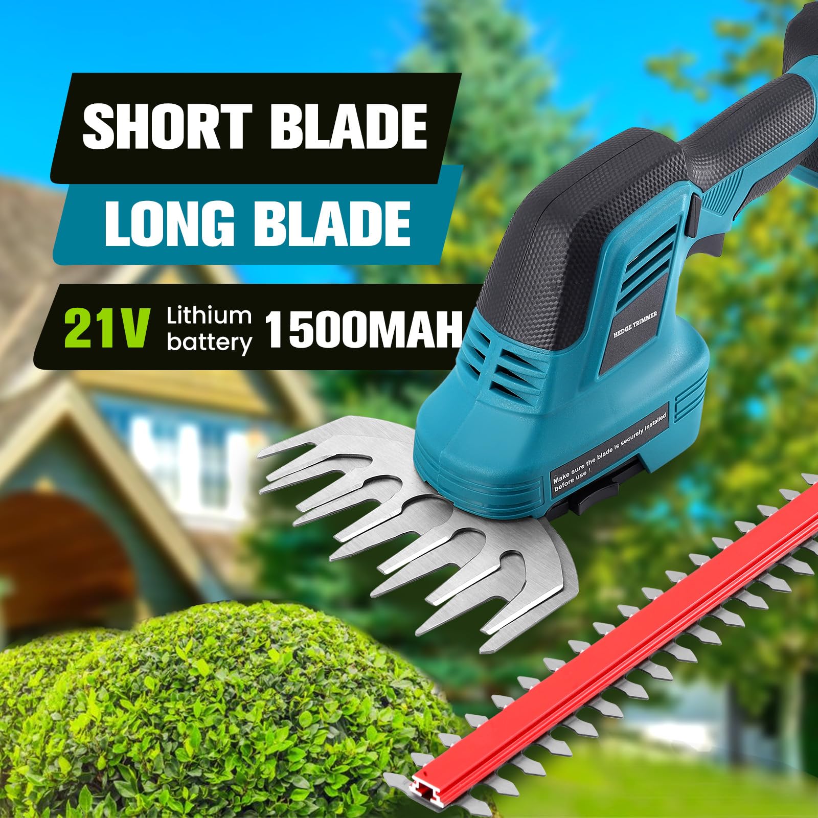 2 en 1 Taille-Haies sans Fil 21V, Cisaille à Gazon Electrique avec Batterie 2 x 1500mAh et 2 Lames, Lame Longue 31 cm/Lame Courte 15 cm, pour Jardin, Pelouse, Arbustes,Gazon