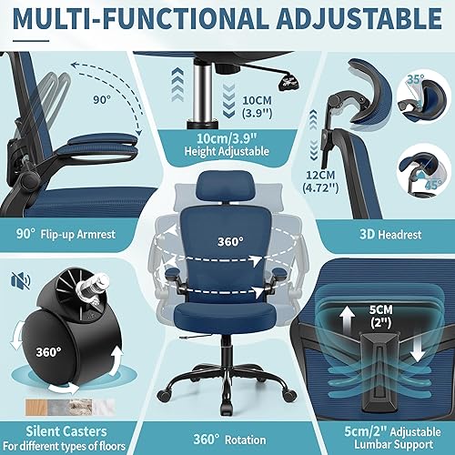 Miniatura 6 de FelixKing Silla de oficina ergonómica, silla de escritorio con reposacabezas y soporte lumbar ajustable, silla giratoria para oficina en casa con