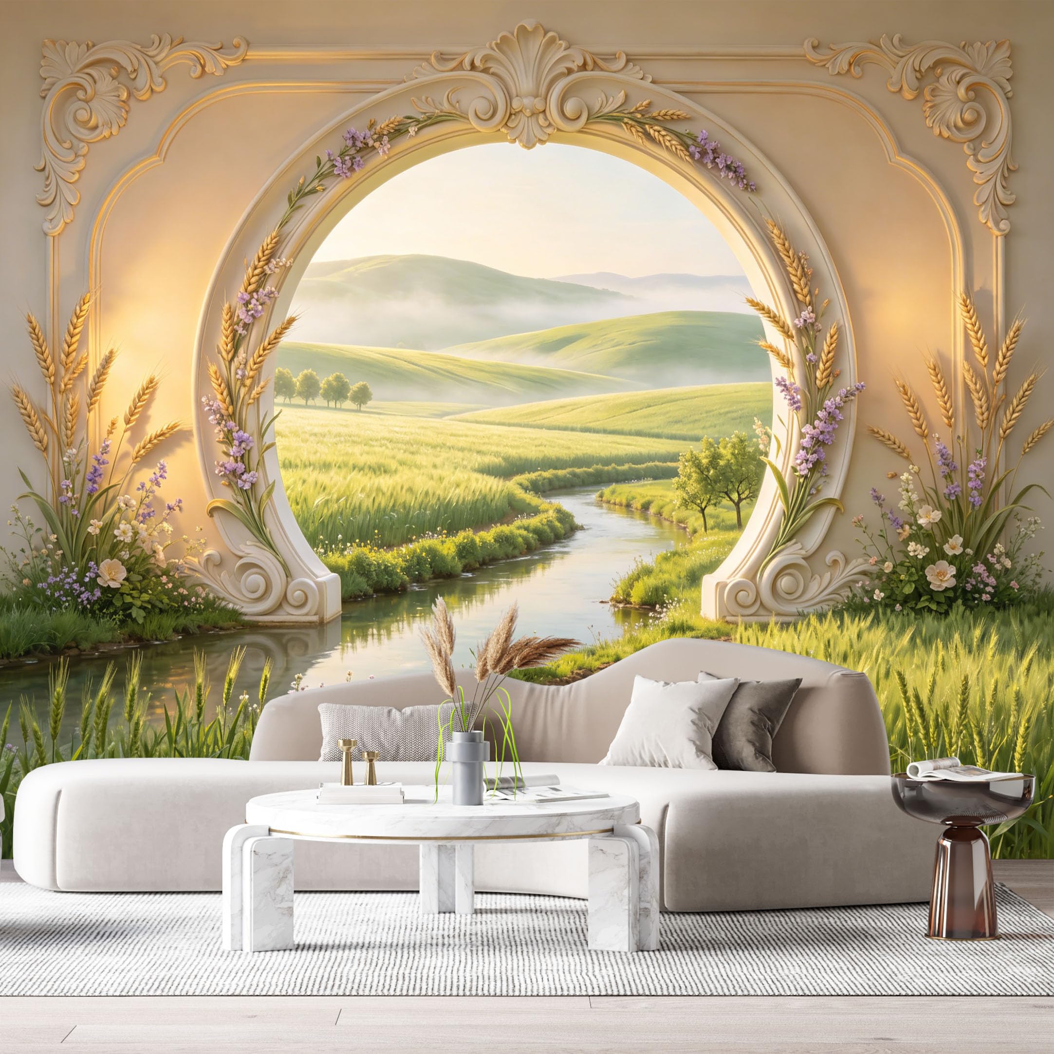 Custom Size Wall Murals Neoclassical Archway Wheat Field River Landscape 3D Trompe L'Oeil SelfAdhesiveWall Fabric Removable Wallpaper Wall Decor for Living Room Bedroom Bathroom