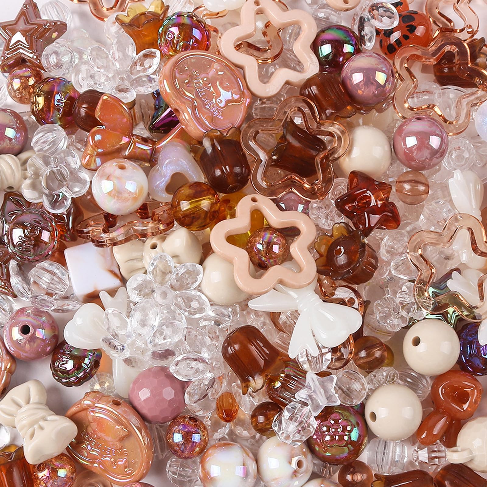 260PCS Acrylic Assorted Beads Coffee Cute Kawaii Beads Mix Flower Candy Butterfly Bow Star Round Aesthetic Random Beads for Jewelry Bracelet Necklace Keychain Phone Chain Making Pen Hair Etc