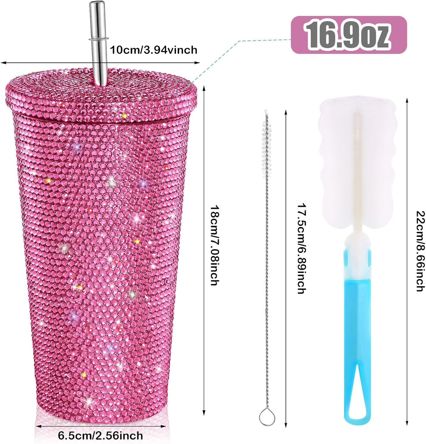 Mimorou Studded Bling Diamond Tumbler Glitter Water Bottle with Lid Stainless Steel Vacuum Thermal Straw Rhinestone Tumbler with 1 Pcs Cup Brush 6 Pcs Straw Brushes for Women(16.9 oz,Pink) - Image 2