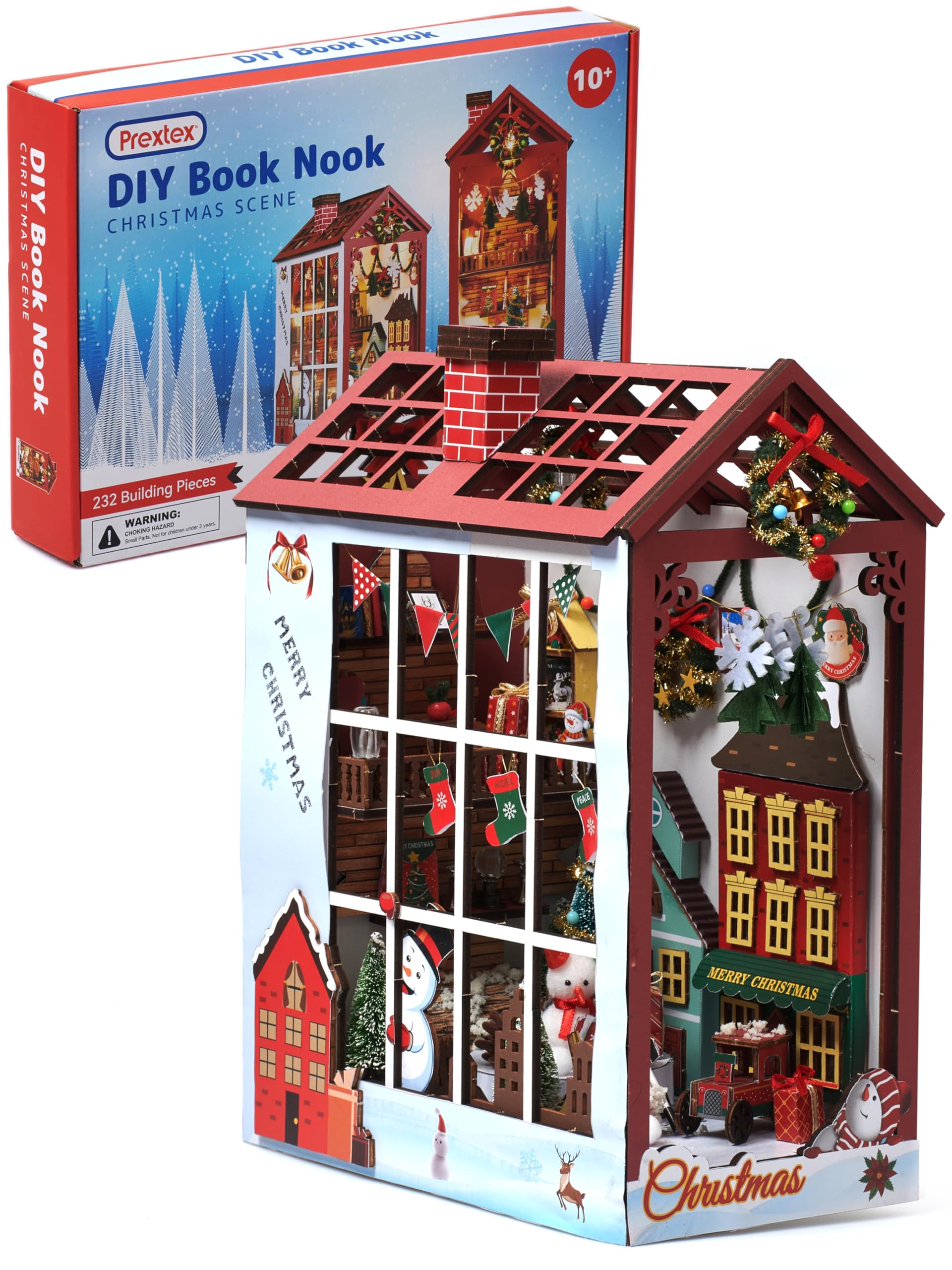 Prextex DIY Christmas Book Nook - 232 Building Pieces - Full Miniature Dollhouse Set with AAA Battery (Not Included) Operated Lights - Complete Toolkit Included - Ideal Holiday Decor for Ages 10+