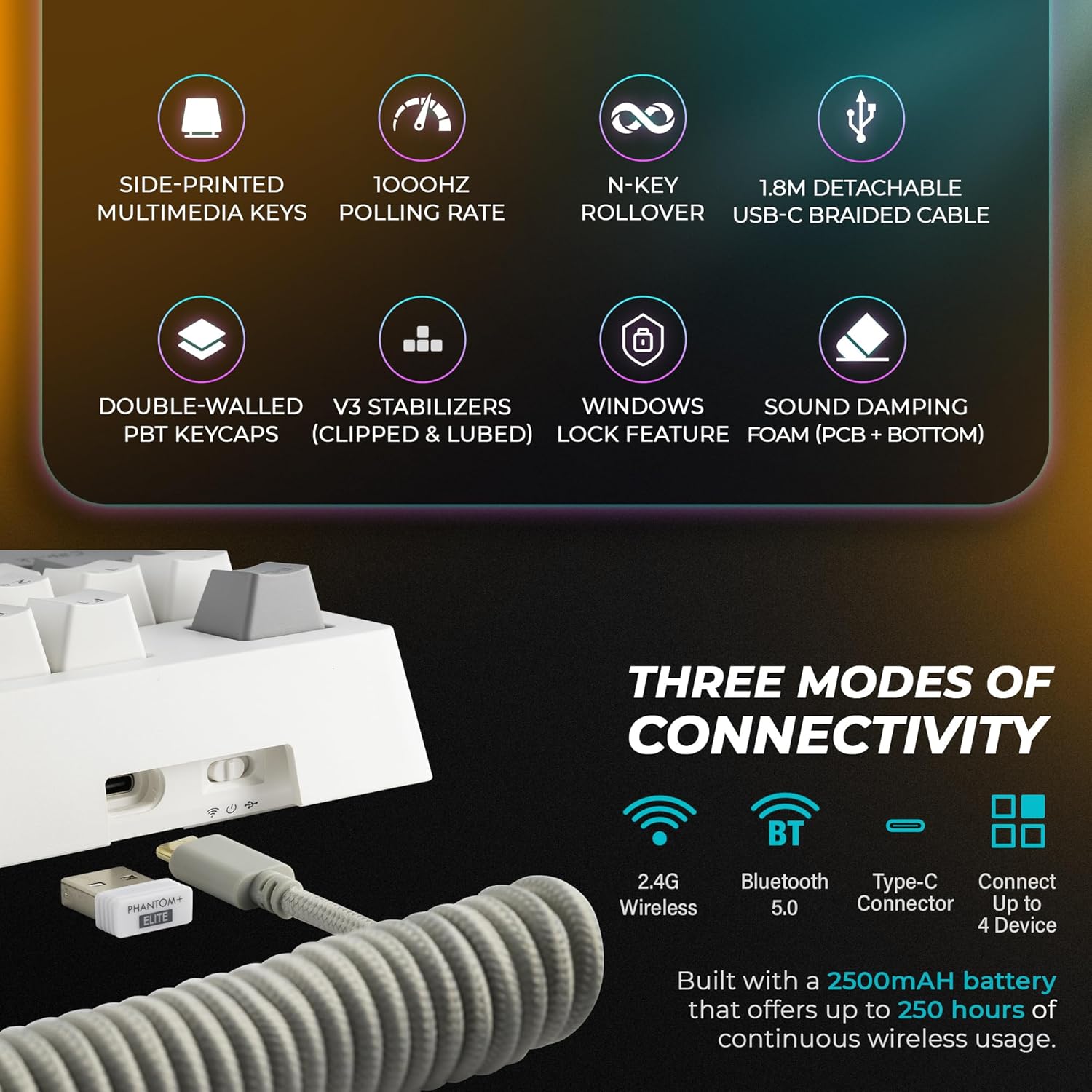 Diagram showing three connectivity modes: 2.4G Wireless, Bluetooth 5.0, and Type-C Connector