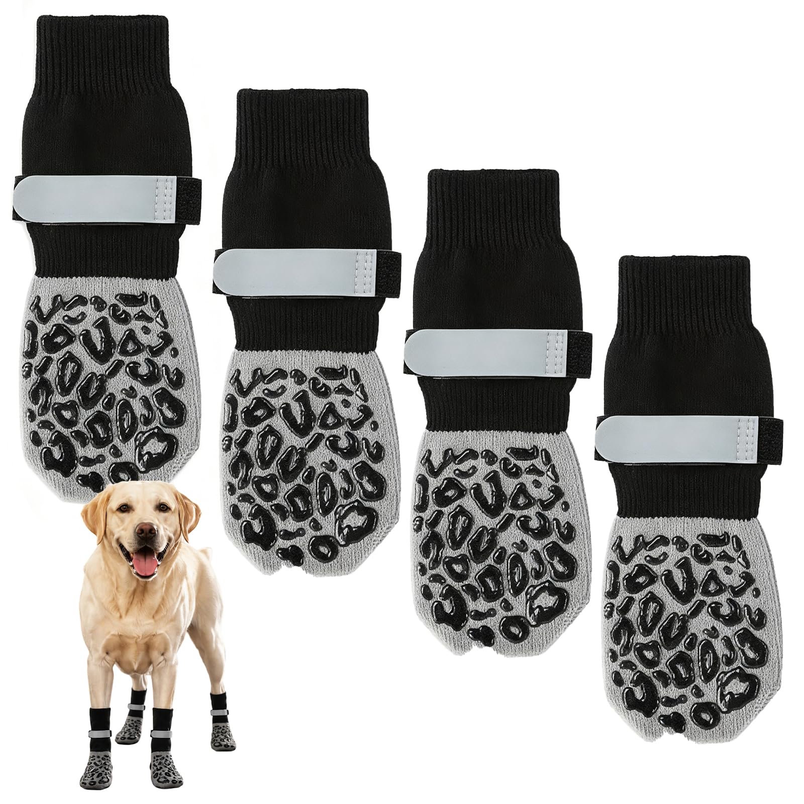Merzio 4 PCS Anti Slip Dog Socks Paws Stop Licking, Adjustable Dog Boots for Injured Paws, Breathable Cotton Dog Shoes with Grips for Indoor Outdoor Tile Floors Hardwood Floors