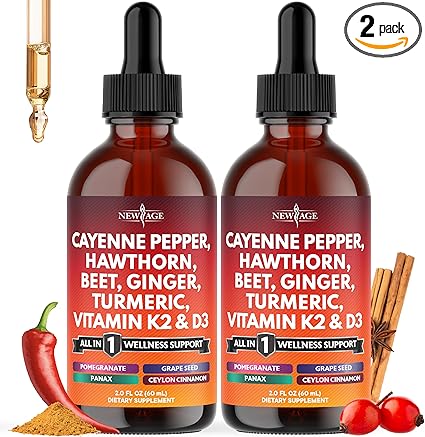 Cayenne Pepper Supplement Liquid Drops + Hawthorn Berry, Vitamin D3 K2 Beet Root Powder, Ceylon Cinnamon, Turmeric Curcumin, Organic Panax Ginseng - 4oz