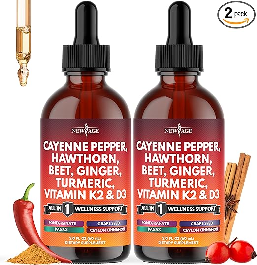 Cayenne Pepper Supplement Liquid Drops + Hawthorn Berry, Vitamin D3 K2 Beet Root Powder, Ceylon Cinnamon, Turmeric Curcumin, Organic Panax Ginseng - 4oz