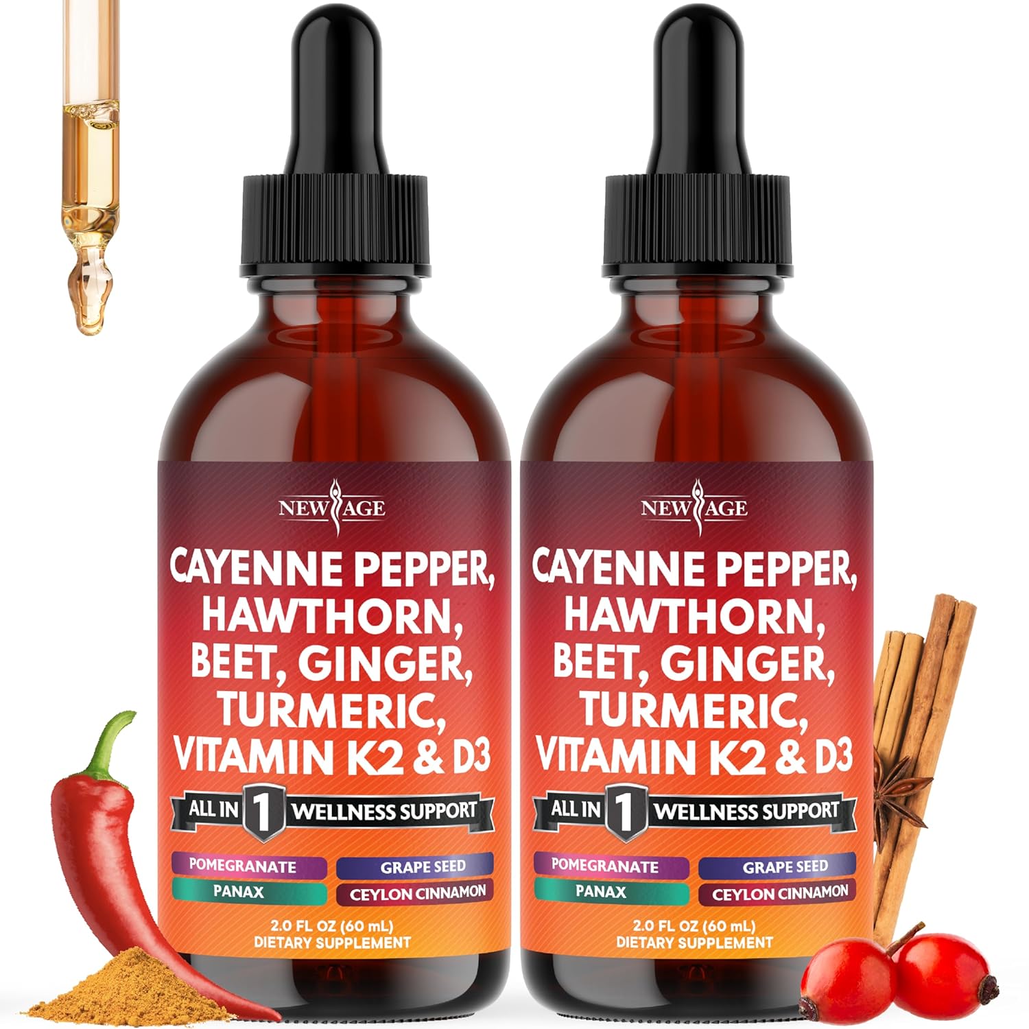 Cayenne Pepper Supplement Liquid Drops Hawthorn Berry Vitamin D3 K2 Beet Root Powder Ceylon Cinnamon Turmeric Curcumin Organic