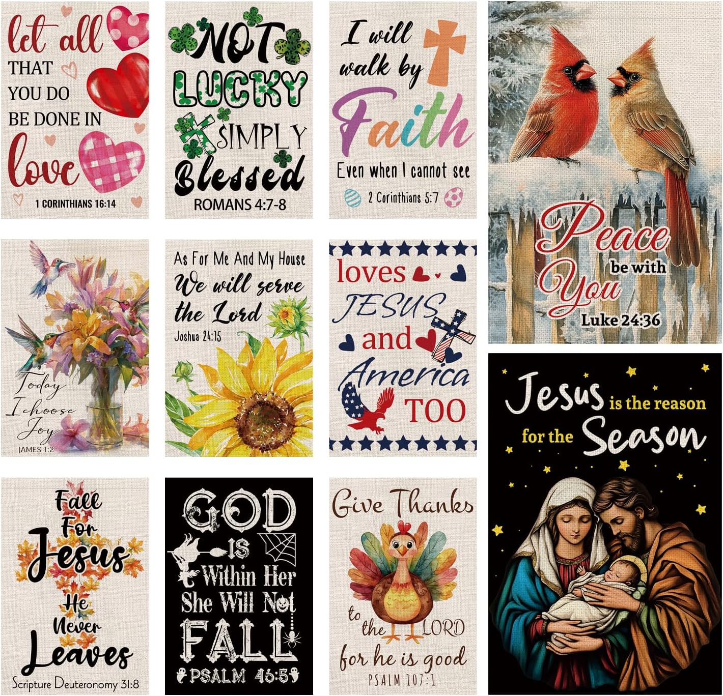 Christian Garden Flags Religious Cross Jesus Cardinal Double Sided Flag Seasonal Set of 11 Holiday Christmas Gifts Decorations for Farmhouse Indoor Outdoor Yard Lawn Decorations 12.5x18 Inch
