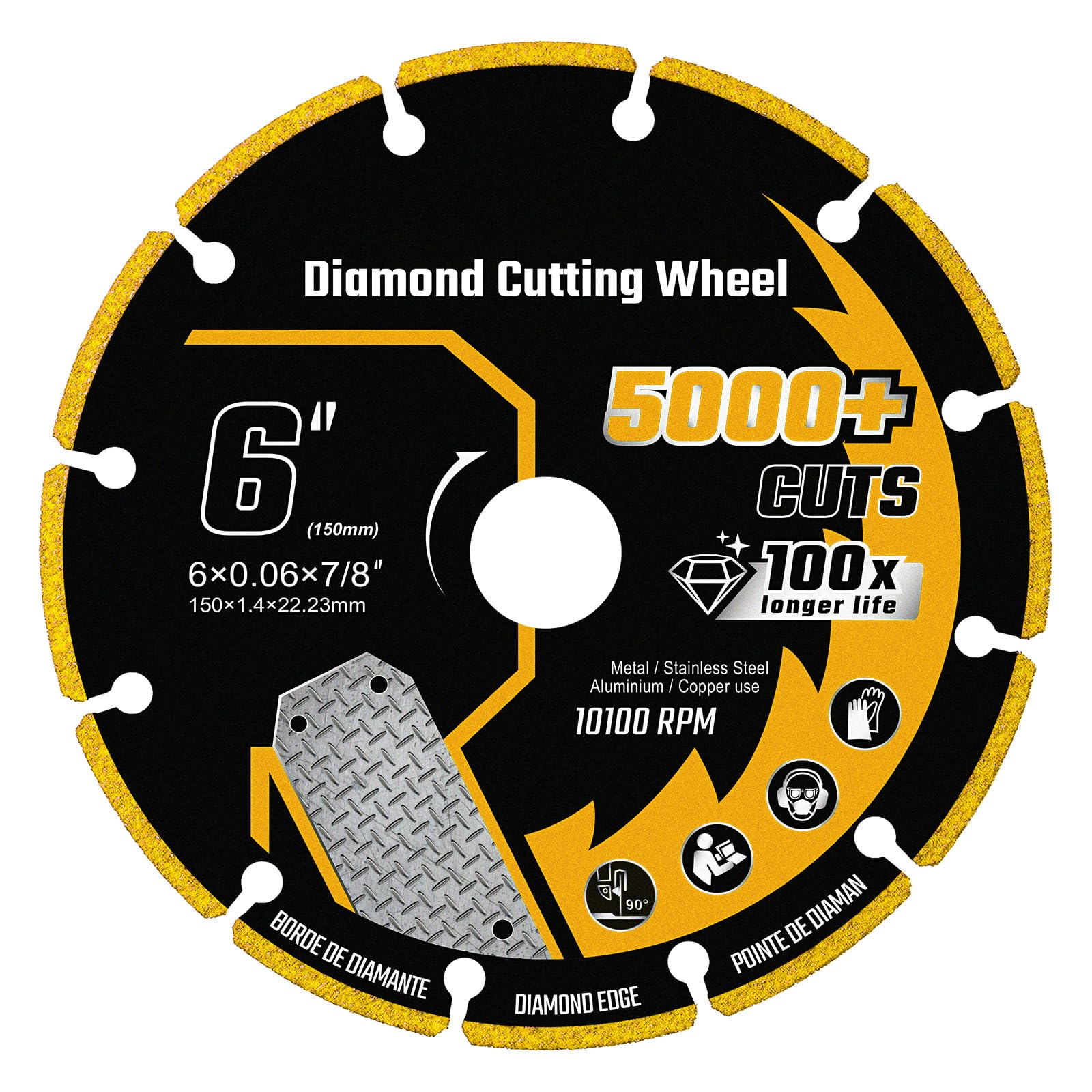Rueda de corte de diamante de 6 pulgadas con eje de 7/8 pulgadas para metal, disco de corte de amoladora angular con más de 5000 cortes en barras de refuerzo, acero, hierro e INOX