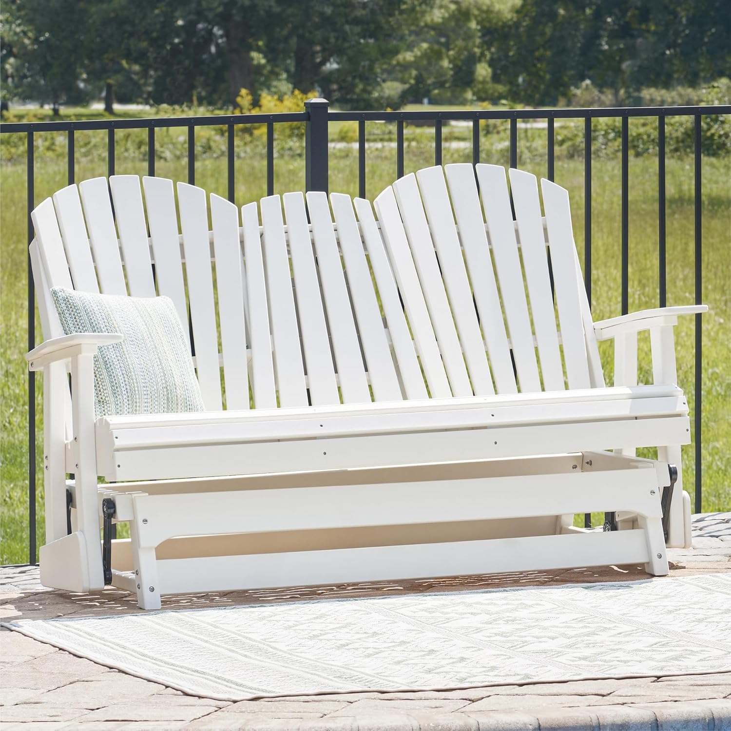 Signature Design by Ashley Hyland Wave Modern Weather Resistant HDPE Outdoor Glider Loveseat with Drop Down Table and 2 Cup Holders, White