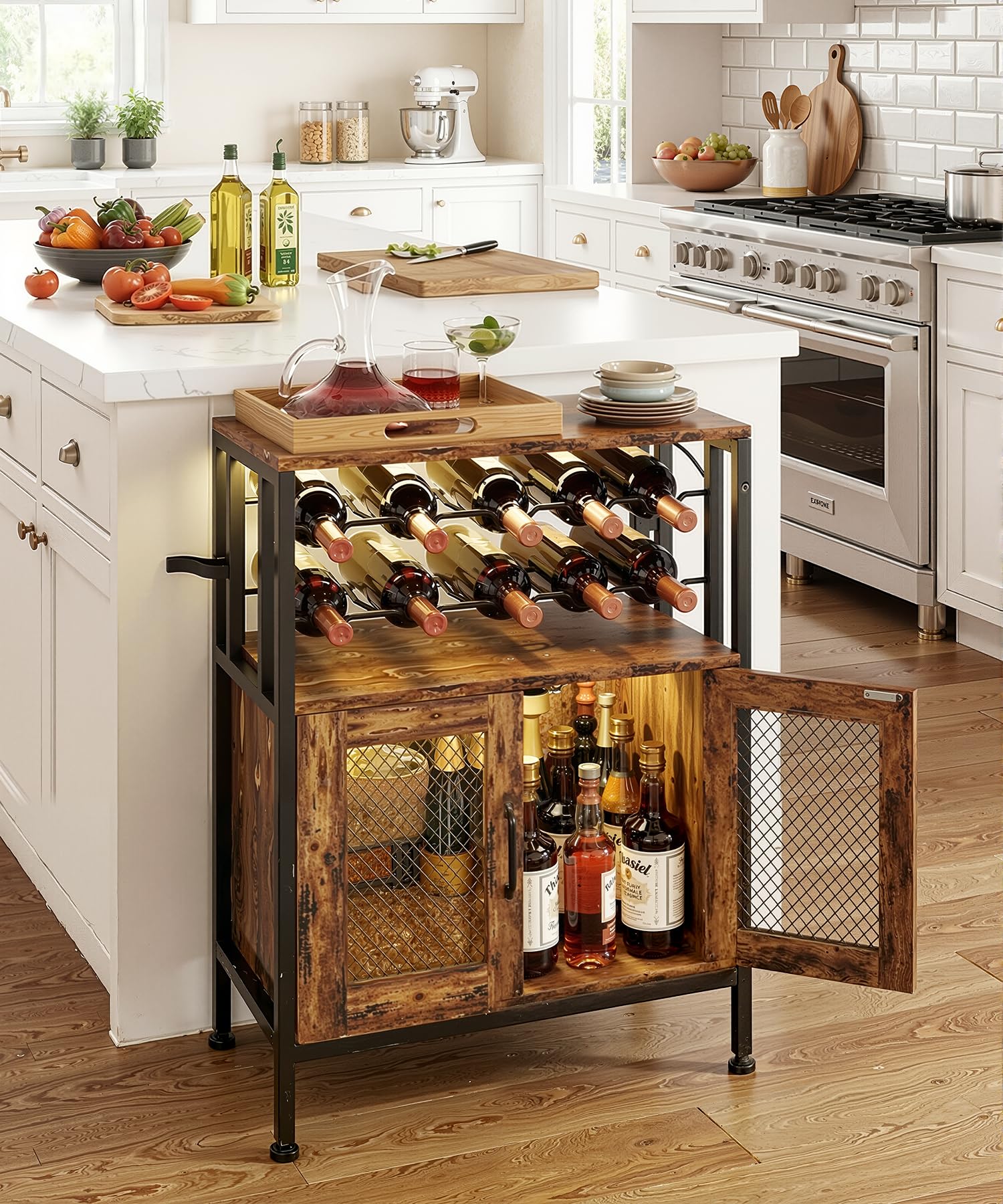 Yorbay Mobili Portabottiglie con Luci LED: Mobile Bar Autoportante con Anta a Griglia per 10 Bottiglie e 6 Bicchieri - Scaffale per Vini in Stile Industriale per Cucina Soggiorno Sala da Pranzo