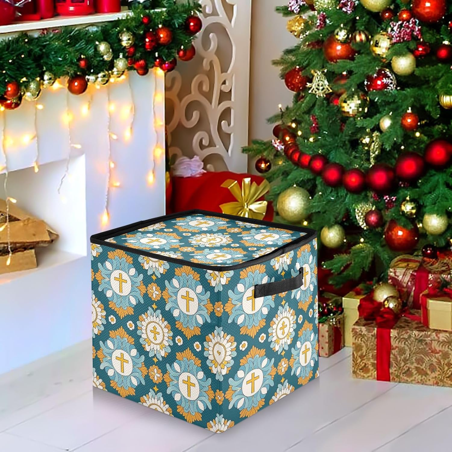 High Capacity Christmas ornament storage containers Holds Up to 64, Two Handles sturdy Holiday Storage Case with Lid,Cross Floral Blue Yellow
